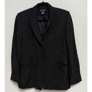 Ann Taylor size 12 black blazer grey pin stripe 69% wool professional 2 button